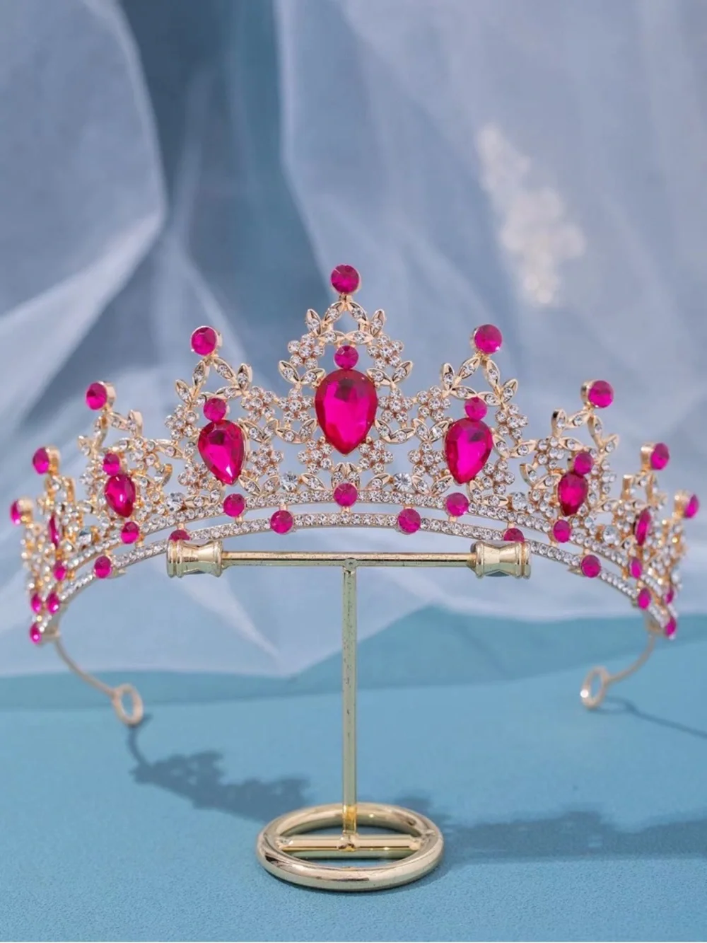 Gold Tiara with Bright Fuchsia Gemstones